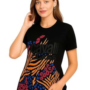 cavalli class women's round neck cotton short sleeve brand logo crop top t shirt