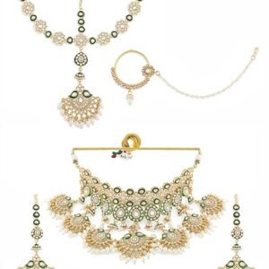 18 kt gold plated kundan bridal & semi bridal necklace set with earrings, maang tikka & nath