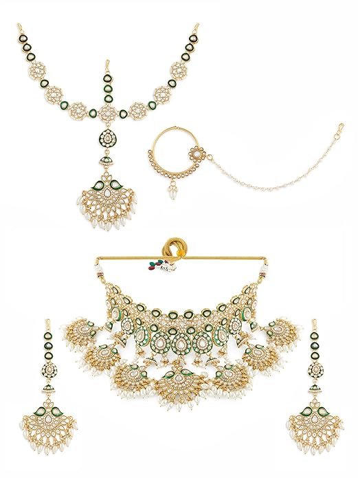 18 kt gold plated kundan bridal & semi bridal necklace set with earrings, maang tikka & nath 18 kt gold plated kundan bridal & semi bridal necklace set with earrings, maang tikka & nath