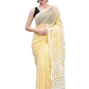 embroidery lace & sequence embroidery chiffon saree with unstitched blouse piece