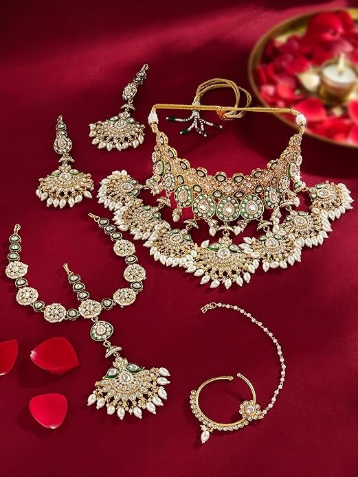 18 kt gold plated kundan bridal & semi bridal necklace set with earrings, maang tikka & nath 18 kt gold plated kundan bridal & semi bridal necklace set with earrings, maang tikka & nath