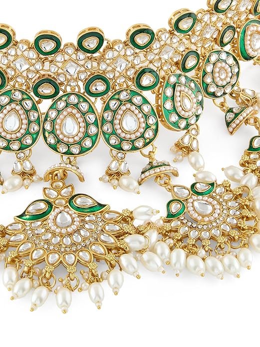 18 kt gold plated kundan bridal & semi bridal necklace set with earrings, maang tikka & nath 18 kt gold plated kundan bridal & semi bridal necklace set with earrings, maang tikka & nath