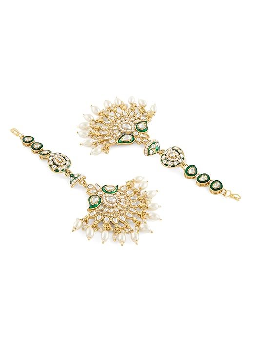 18 kt gold plated kundan bridal & semi bridal necklace set with earrings, maang tikka & nath 18 kt gold plated kundan bridal & semi bridal necklace set with earrings, maang tikka & nath