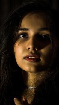 close up headshot of young woman on black backdrop free photo